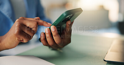 Buy stock photo Phone, scroll and hands of business person in office for account manager, virtual advisor and contact. Communication, online portfolio and networking with employee and mobile for text message