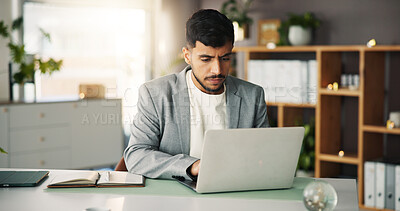 Buy stock photo Business, laptop and man in office, investor and email notification for audit checklist. Financial advisor, pc and person in workplace, internet and website info for stock market or trading portfolio