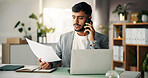 Laptop, phone call and businessman in office with contact for finance deal with client. Computer, cellphone and male financial advisor on mobile discussion for investment proposal in workplace.