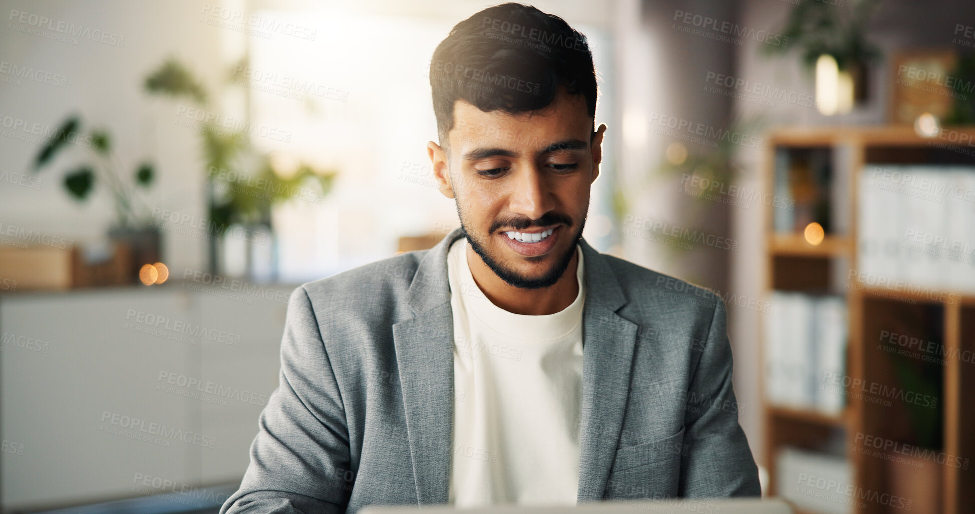 Buy stock photo Business, man and reading with laptop in office for research, proofreading and copywriting report. Smile, journalist and pc for editor feedback, article submission and verify source for publication