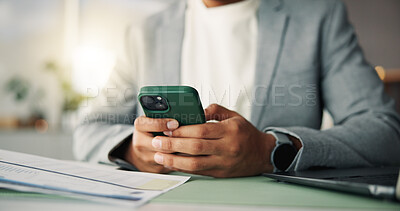 Buy stock photo Phone, typing and hands of business person in office for account manager, virtual advisor and contact. Communication, online portfolio and networking with employee and mobile for text message