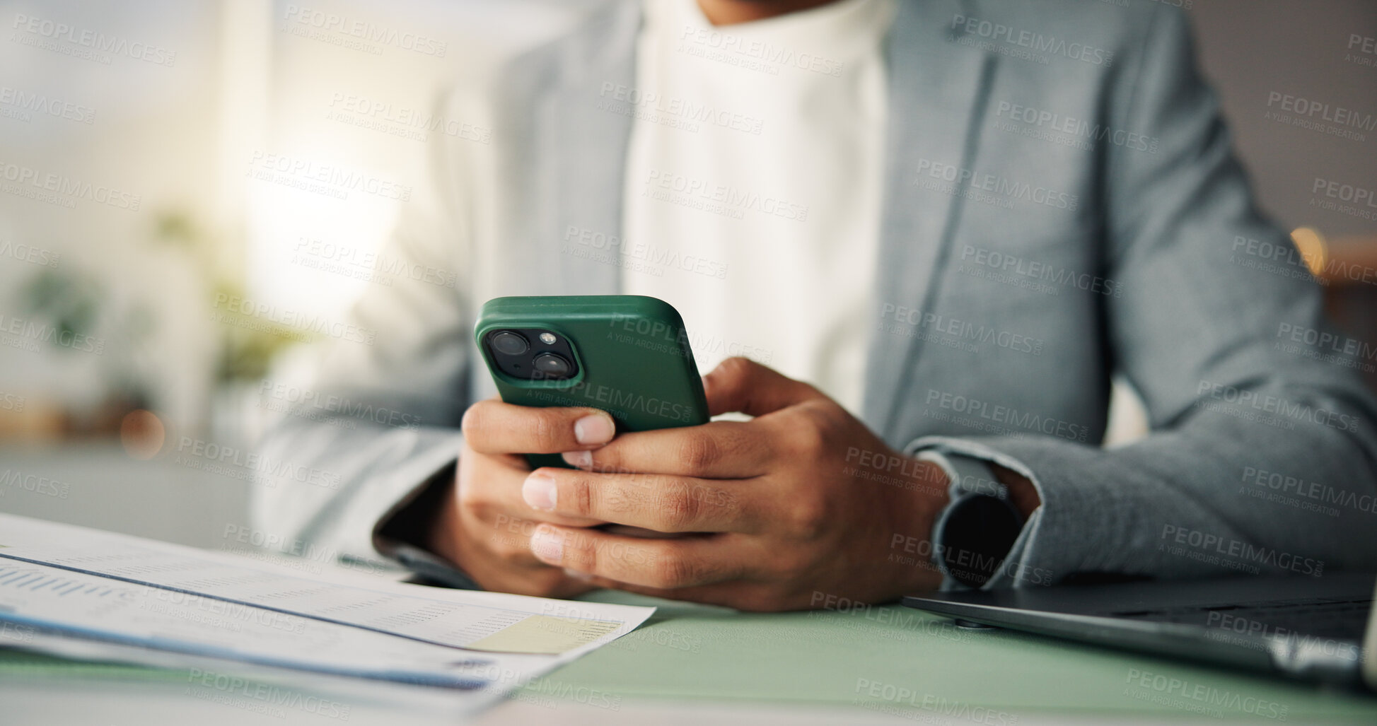 Buy stock photo Phone, typing and hands of business person in office for account manager, virtual advisor and contact. Communication, online portfolio and networking with employee and mobile for text message