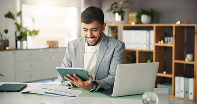 Buy stock photo Tablet, laptop and businessman in office with documents for investment proposal with email review. Digital technology, computer and financial manager with paperwork for finance report in workplace.