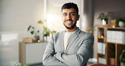 Buy stock photo Portrait, man and smile with arms crossed in office for career pride, about us and real estate agent. Happy, male realtor and consultant with ambition, property development and expansion opportunity