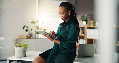 Buy stock photo Business, black woman and reading with tablet in office for research, proofreading and copywriting. Person, browsing and digital for editor feedback, article submission and information on publication