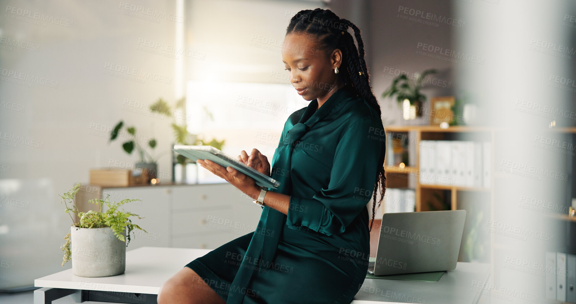 Buy stock photo Business, black woman and reading with tablet in office for research, proofreading and copywriting. Person, browsing and digital for editor feedback, article submission and information on publication