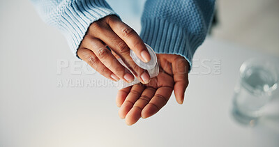 Buy stock photo Hands, tablets and person with medication for healthcare, wellness or sickness recovery. Pharmaceutical, immune booster and top view of capsules for vitamins, pills or medicine with nutrition.