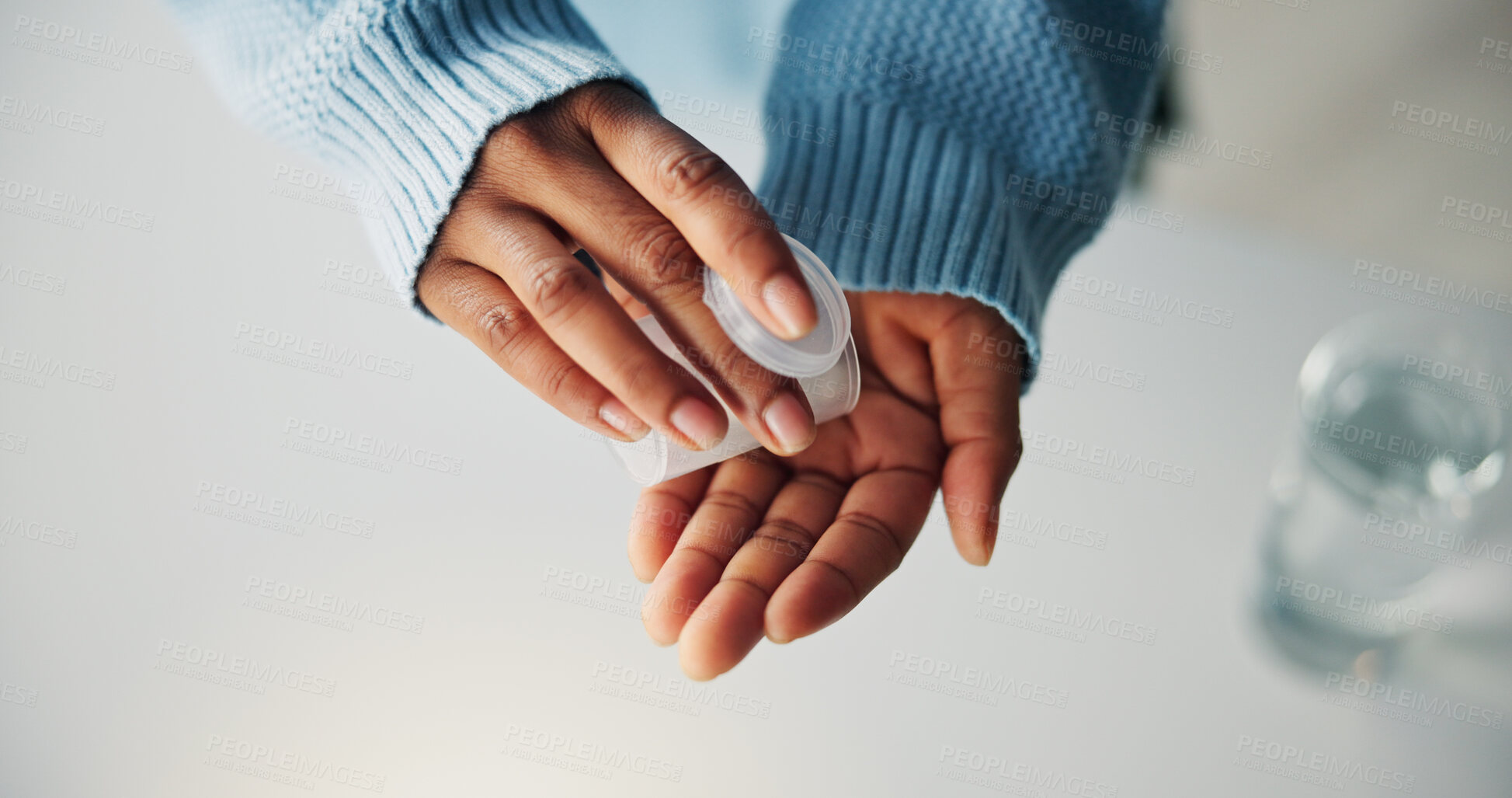 Buy stock photo Hands, tablets and person with medication for healthcare, wellness or sickness recovery. Pharmaceutical, immune booster and top view of capsules for vitamins, pills or medicine with nutrition.