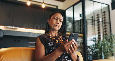 Buy stock photo Confused, woman and doubt in home with phone, unexpected news and text message for online gossip. Mature person, concern and reading in house with tech, mobile chat and update for social media rumor.