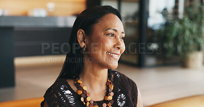 Buy stock photo Mature woman, smile and thinking in lounge, morning reflection and remember happy memory for nostalgia. Peace, daydream and person with positive perspective in home, introspection or planning for day