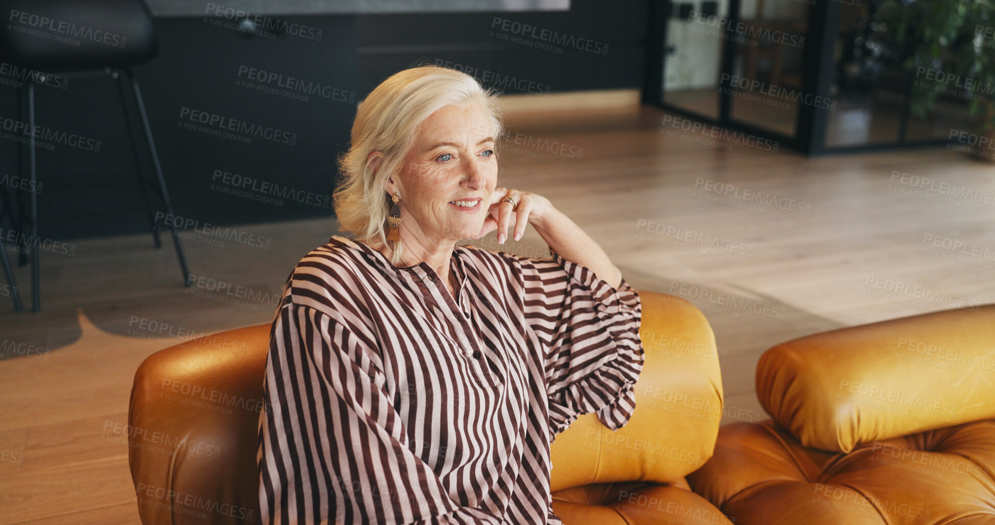 Buy stock photo Mature woman, calm and thinking on couch, morning reflection or remember happy memory for nostalgia. Peace, daydream or person with positive perspective in home, introspection or idea from high angle