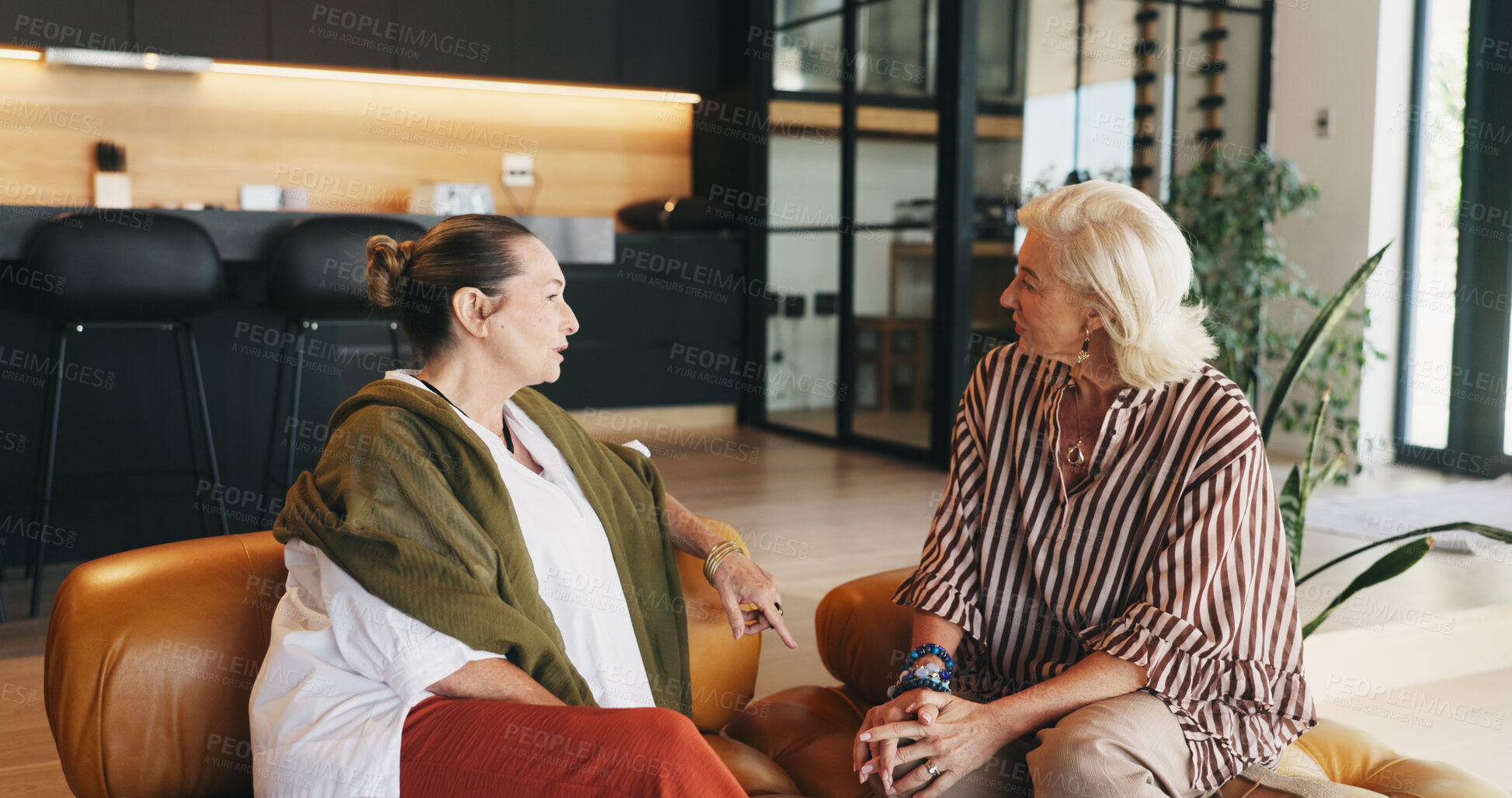 Buy stock photo Relax, senior women and friends in home for conversation, gossip and bonding together on weekend. Elderly people, talking and chill in living room for catch up, story and reunion in retirement