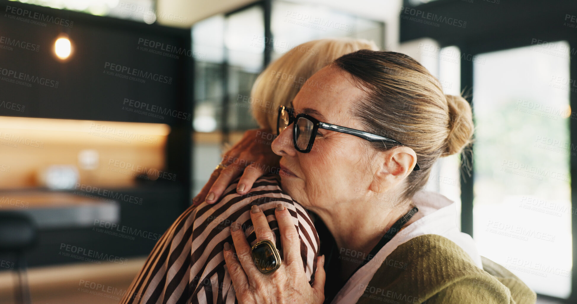 Buy stock photo Friends, mature women and hug in house for support, compassion and emotional connection for healing. Comfort, gratitude and people with embrace for understanding, reliable and care for relationship