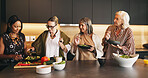 Ingredients, cooking and old women in kitchen, help and recipe for salad, talking and social reunion. House, friends and mature people with conversation, diet plan and preparation for healthy meal