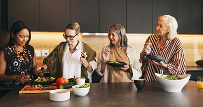 Buy stock photo Ingredients, cooking and old women in kitchen, help and recipe for salad, talking and social reunion. House, friends and mature people with conversation, diet plan and preparation for healthy meal