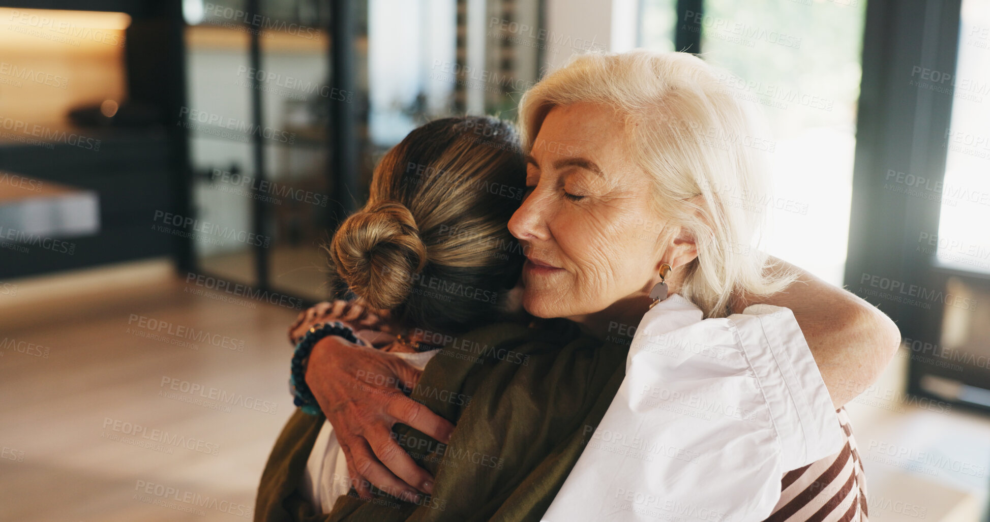 Buy stock photo Friends, women and hug in home for support, compassion and emotional connection for understanding. Comfort, gratitude and mature people with embrace for kindness, reliable and care for relationship