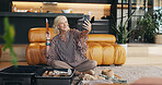 Mature, happy woman or suitcase with phone for selfie, travel memory or photography in home. Female person, traveler or smile with mobile smartphone or flight passport for holiday or vacation picture