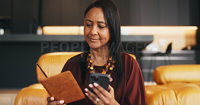 Buy stock photo Happy woman, passport and reading in home with phone, travel plan or booking ticket for overseas trip. Mature person, smile and ID with tech, airline website and international holiday for retirement.