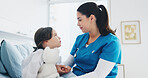 Woman, nurse and hospital bed with child for health checkup, results or consultation in clinic. Female person, doctor and support care with girl, kid or patient for medical treatment or appointment