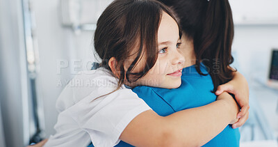 Buy stock photo Woman, nurse and hug with child patient for health checkup, thank you or gratitude in clinic. Female person, doctor and support with smile, girl or kid for embrace, medical treatment or appointment