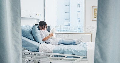 Buy stock photo Teddy bear, healthcare and child in hospital bed with comfort, support or recovery for surgery. Medical, relax and girl kid patient with plush toy for care, healing or wellness in pediatric clinic.