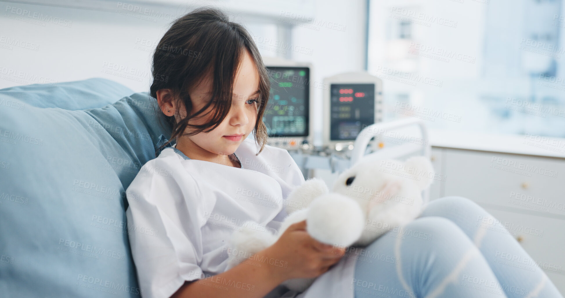 Buy stock photo Teddy bear, medical and child in hospital bed with comfort, support or recovery for surgery. Healthcare, relax and girl kid patient with plush toy for care, healing or wellness in pediatric clinic.