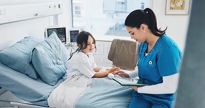 Buy stock photo Tablet, nurse and child in bed for healthcare checkup, recovery and wellness consultation. Sick girl, pediatric worker and technology in clinic for medical care, report and check records in hospital