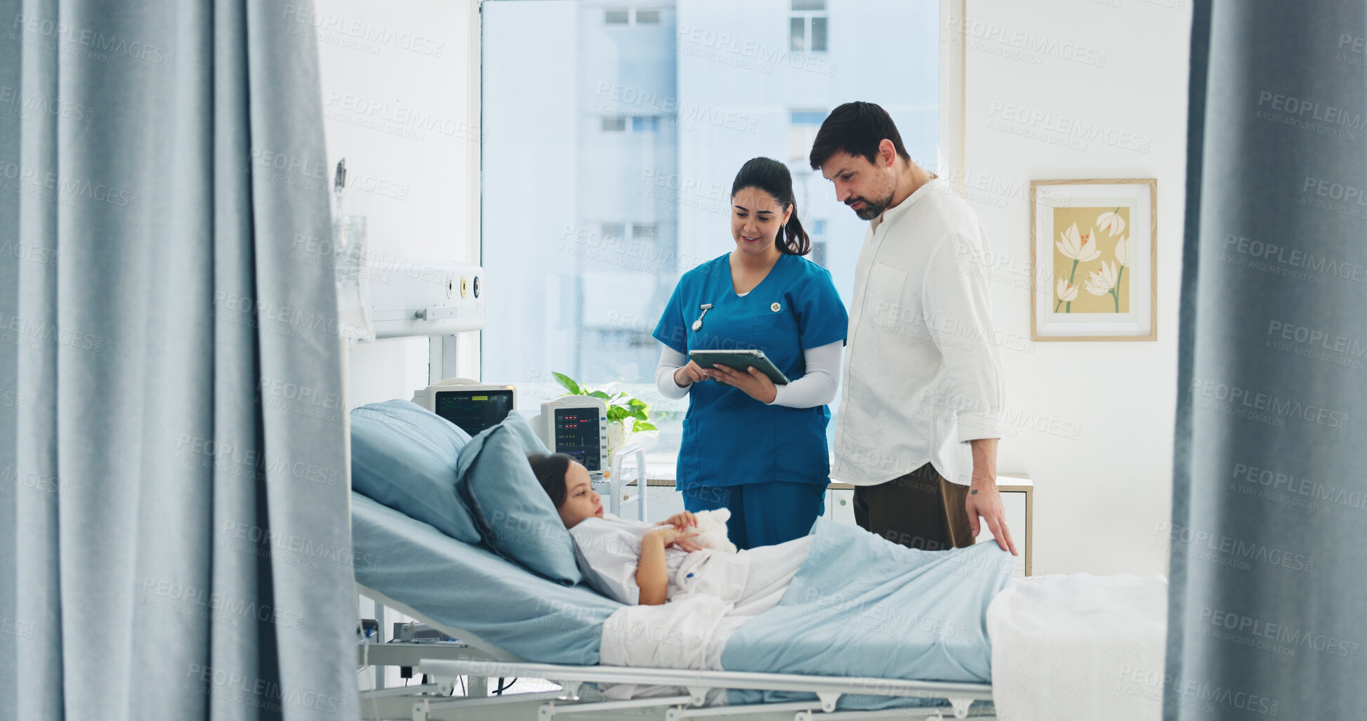 Buy stock photo Sick, child and nurse with tablet, hospital and woman with test results for father and consultation. Clinic, pediatrician and explaining diagnosis to man, dad and care for girl on bed or healthcare