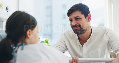 Buy stock photo Sick, kid and father visit in hospital bed for support, reassurance and medical recovery. Man, child and family bonding in pediatric ward, parental compassion and treatment with healthcare services