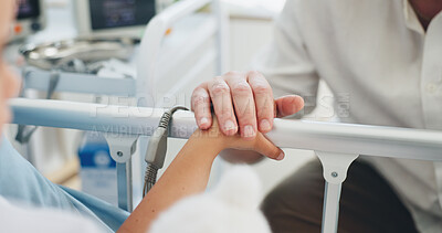 Buy stock photo Father, visit and holding hands with kid in hospital bed for support, reassurance and medical recovery. Person, comfort and child for treatment, family empathy and encouragement of healthcare surgery
