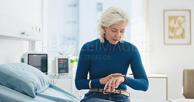 Buy stock photo Medical, waiting and watch with woman on hospital bed for appointment, checkup or healthcare. Impatient, late and time delay with mature patient in clinic for medicare, treatment or wellness