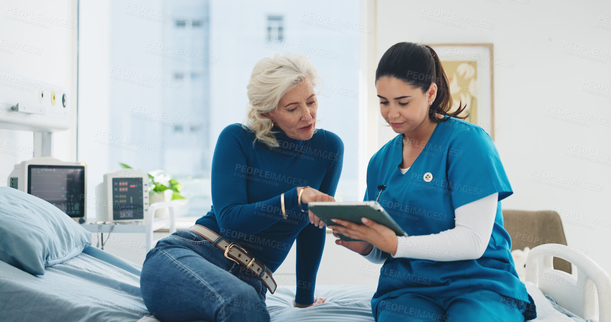 Buy stock photo Patient, nurse and appointment in hospital with tablet, discussion or medical records for test results. Mature person, healthcare worker and talk in clinic with tech, digital wellness app and update.