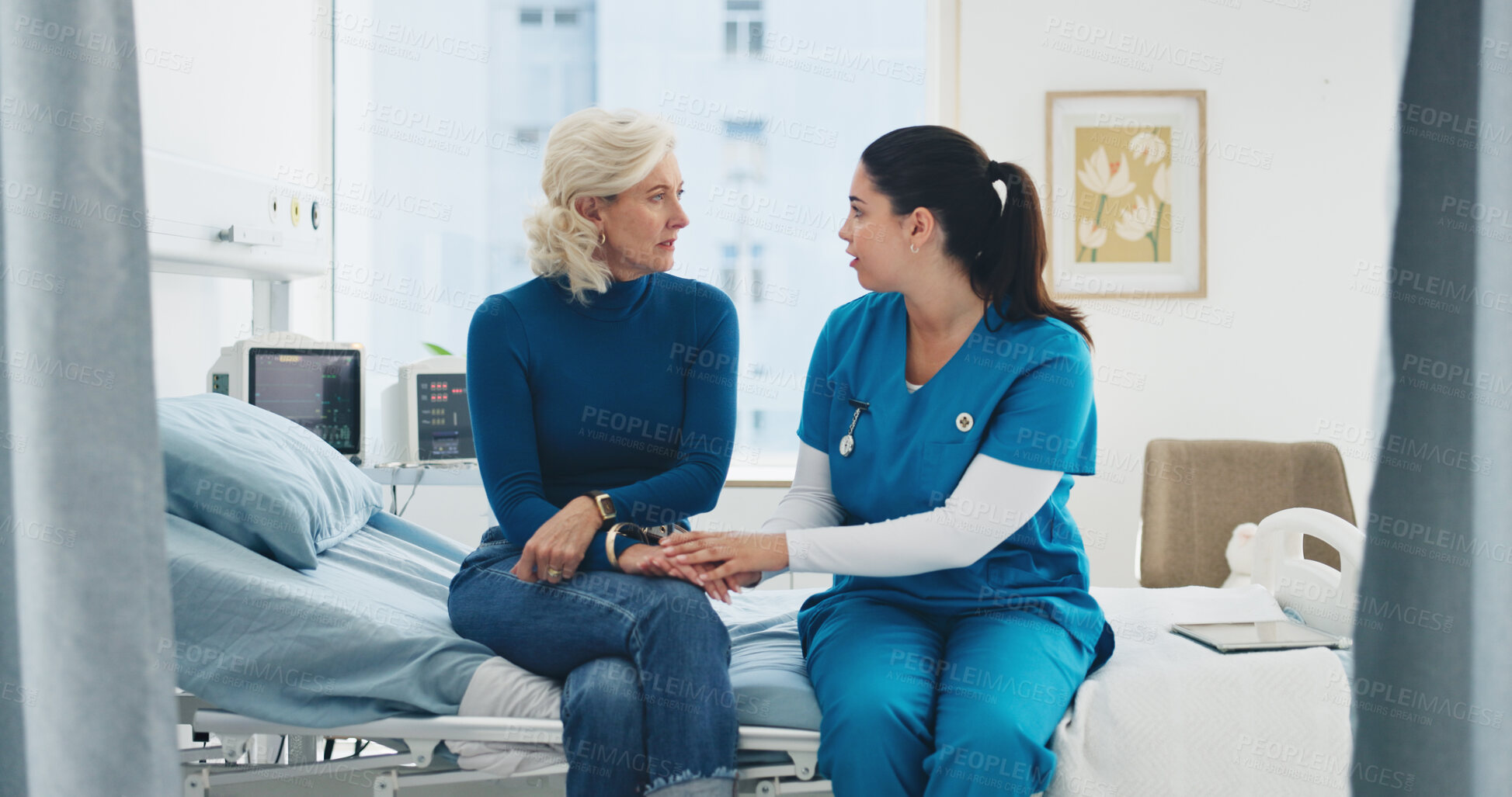 Buy stock photo Nurse, patient or holding hands in hospital with bad news, discussion and empathy for test results. Mature person, healthcare worker and talk in clinic with support, trust and sympathy for diagnosis.