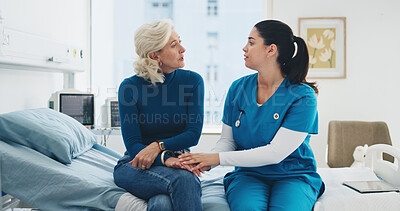 Buy stock photo Nurse, patient or holding hands in hospital with discussion, bad news and empathy for test results. Mature person, healthcare worker and talk in clinic with support, trust and sympathy for diagnosis.