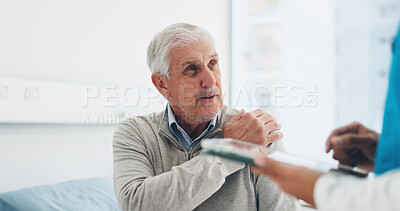 Buy stock photo Nurse, tablet or old man with consultation for shoulder pain, symptoms or medical assessment in clinic. Retirement health, professional or senior patient with checkup for tendinitis diagnosis or help