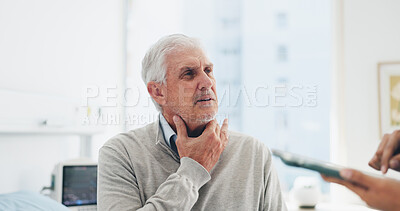 Buy stock photo Clinic, senior man or consultation for sore throat with symptoms, discomfort or viral infection. Tech, professional or elderly patient in checkup for swollen lymph nodes, retirement health or support