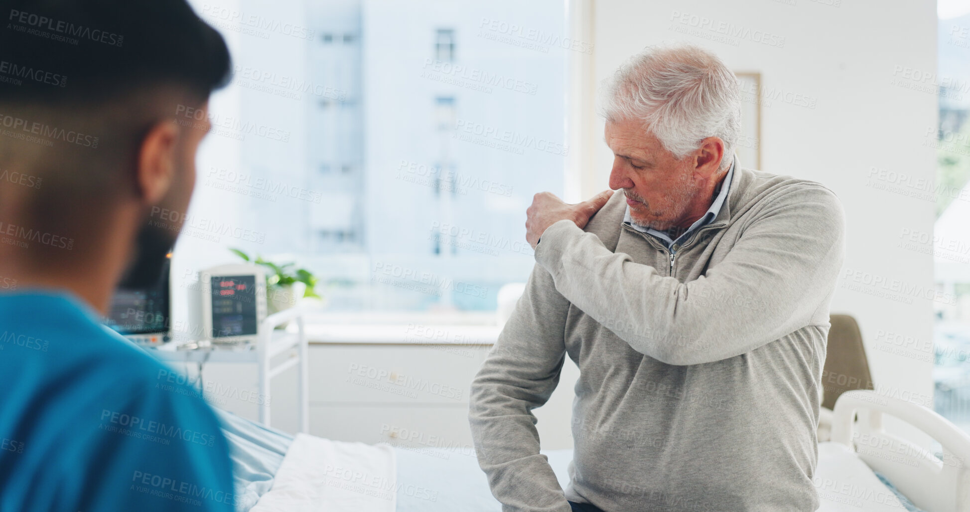 Buy stock photo Nurse, old man or checkup for shoulder pain in clinic with symptoms, medical assessment or help. Retirement health, professional or senior patient in consultation for tendinitis diagnosis and healing