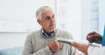 Buy stock photo Old man, chest pain and nurse on hospital with consultation, tablet and checkup for medical problem. Senior person, talk and healthcare worker in clinic with tech, cardiology issue and angina heart.
