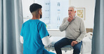 Nurse, old man or consultation for sore throat in clinic with symptoms, discomfort or medical service. Retirement health, worker or senior patient on hospital bed for tonsillitis diagnosis or checkup