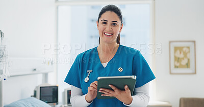 Buy stock photo Portrait, nurse and happy woman in hospital, tablet for test results and online checklist. Medical service, person and professional in clinic, tech or research for treatment plan, healthcare or pride