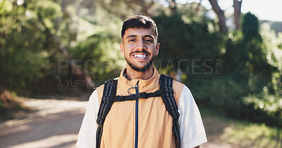 Buy stock photo Exercise, hiking and portrait of man outdoor in woods for backpacking, fitness or trekking activity. Hobby, smile and travel with happy hiker person on trail in forest or nature for adventure