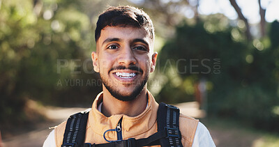 Buy stock photo Hiking, portrait and smile of man on trail in woods for backpacking, fitness or trekking activity. Exercise, outdoor hobby and travel with happy hiker person in forest or nature for adventure