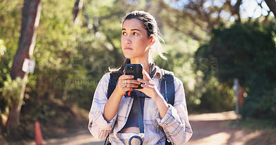 Buy stock photo Phone, navigation and woman on path for hiking, network and guide in online direction. Travel, route and female person in forest with tech, map tracking and location search on outdoor adventure.