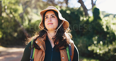 Buy stock photo Thinking, woman and hiking for fitness outdoor for travel, adventure and sightseeing on holiday. Bokeh, person and backpacking with reflection, trekking view and explore nature for vacation in forest
