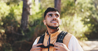 Buy stock photo Thinking, man and happy for hiking outdoor with vision, adventure and sightseeing on holiday. Bokeh, person and backpacking with reflection, trekking view and explore nature for vacation in forest
