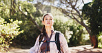 Thinking, woman and hiking for fitness outdoor for travel, adventure and sightseeing on holiday. Bokeh, person and backpacking with reflection, trekking view and explore nature for vacation in forest
