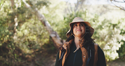 Buy stock photo Thinking, woman and hiking for fitness outdoor with smile, adventure and sightseeing on holiday. Bokeh, person and backpacking with reflection, trekking view and explore nature for vacation in forest