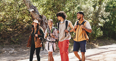 Buy stock photo Conversation, hiking and travel with group of friends outdoor in forest for hobby or journey. Backpacking, trekking and walking with hiker people on trail in nature together for adventure or bonding