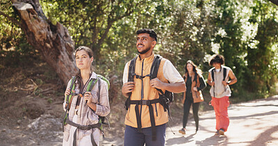 Buy stock photo Backpack, hiking and travel with couple of friends outdoor in forest for hobby or journey. Smile, trekking and walking with group of happy hikers on trail in nature together for adventure or fitness