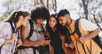 Nature, friends and reading with phone for hiking, route navigation and online trail map for trekking. Location app, national forest site or people with mobile for backpacking, compass or directions